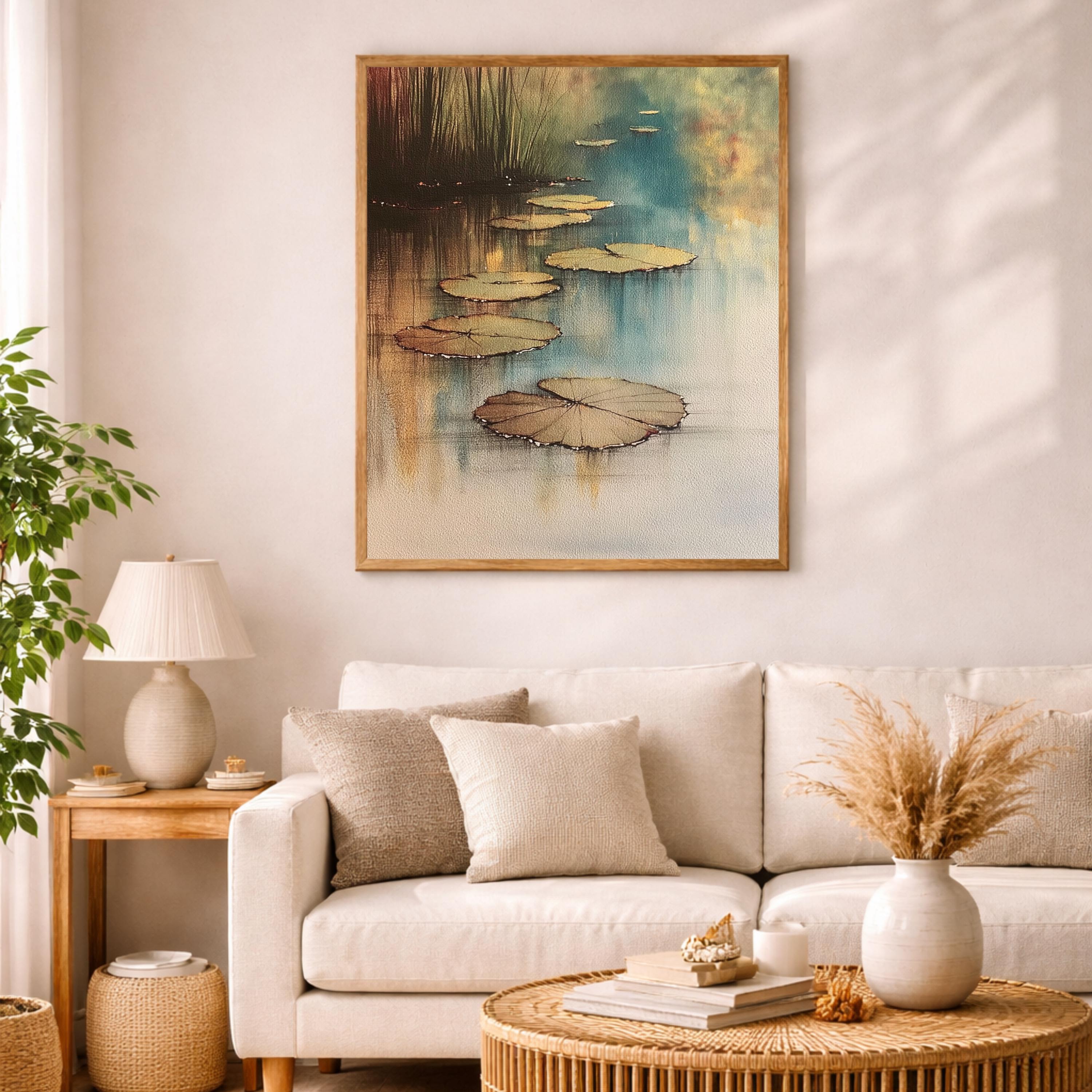 Lily Pad Pond Wall Art, Serene Water Landscape Print, Botanical Nature Decor, Neutral Calm Artwork, Zen Pond Framed Canvas