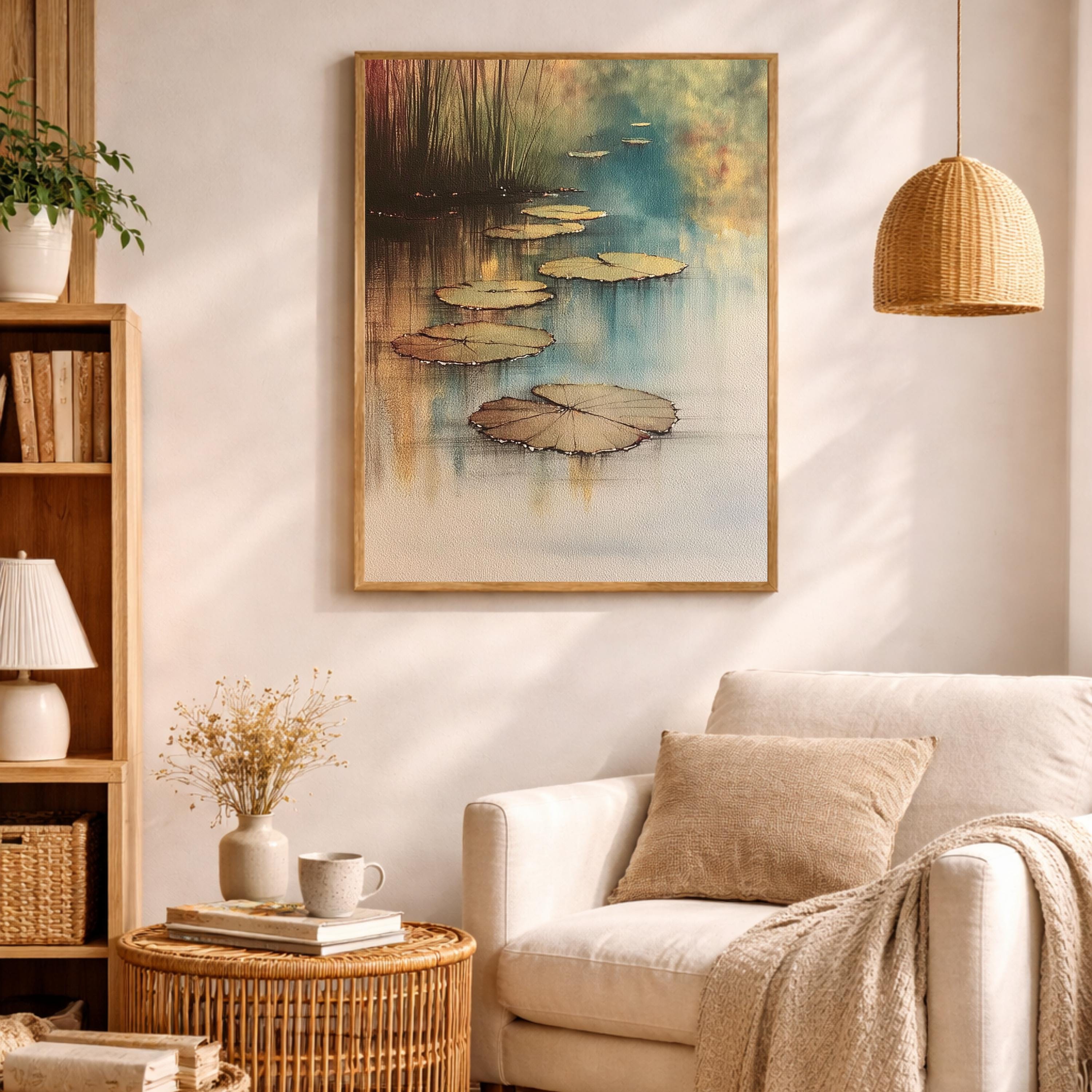 Lily Pad Pond Wall Art, Serene Water Landscape Print, Botanical Nature Decor, Neutral Calm Artwork, Zen Pond Framed Canvas