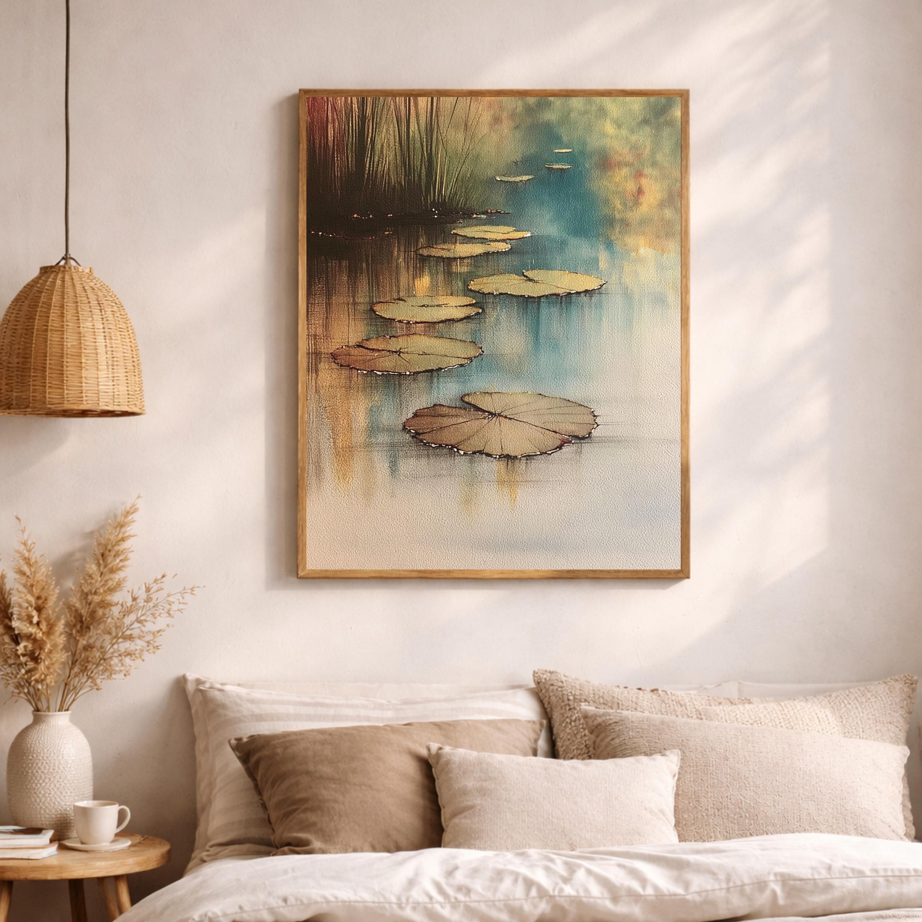 Lily Pad Pond Wall Art, Serene Water Landscape Print, Botanical Nature Decor, Neutral Calm Artwork, Zen Pond Framed Canvas