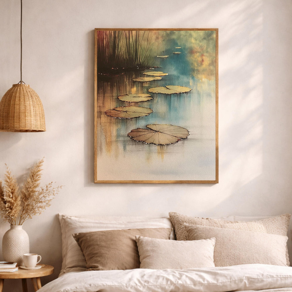 Lily Pad Pond Wall Art, Serene Water Landscape Print, Botanical Nature Decor, Neutral Calm Artwork, Zen Pond Framed Canvas