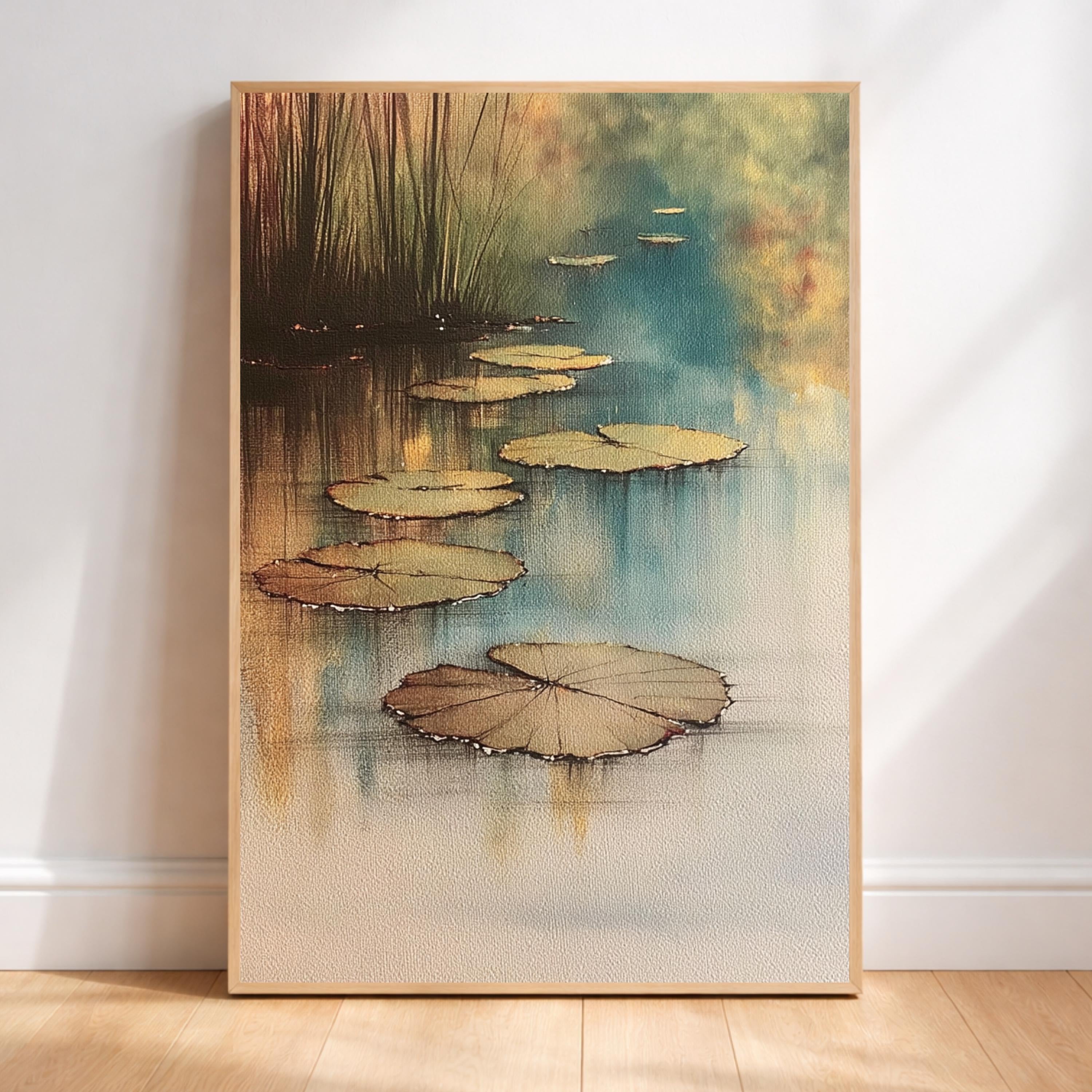 Lily Pad Pond Wall Art, Serene Water Landscape Print, Botanical Nature Decor, Neutral Calm Artwork, Zen Pond Framed Canvas