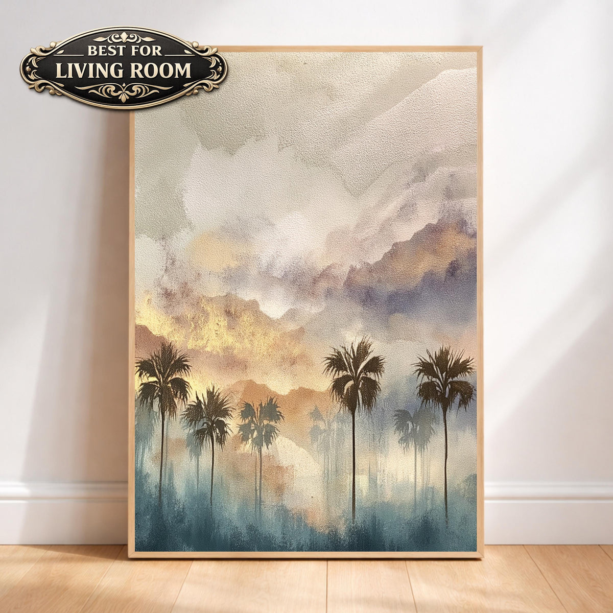 Palm Tree Wall Art, Tropical Sunset Print, Coastal Landscape Artwork, Boho Beach Framed Canvas, Neutral Warm Decor for Living Room