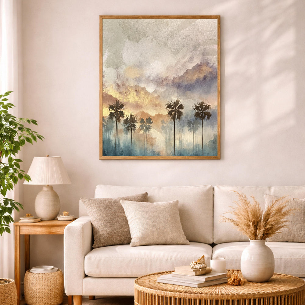 Palm Tree Wall Art, Tropical Sunset Print, Coastal Landscape Artwork, Boho Beach Framed Canvas, Neutral Warm Decor for Living Room