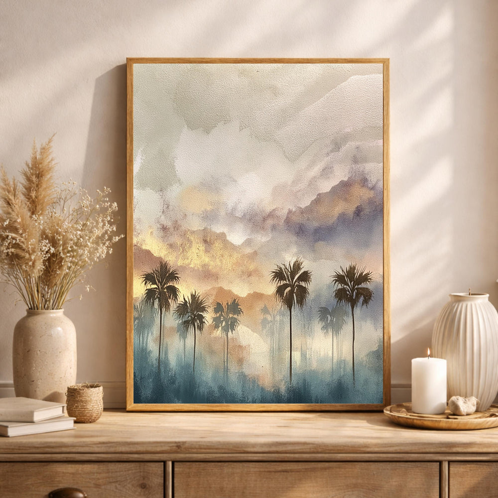Palm Tree Wall Art, Tropical Sunset Print, Coastal Landscape Artwork, Boho Beach Framed Canvas, Neutral Warm Decor for Living Room