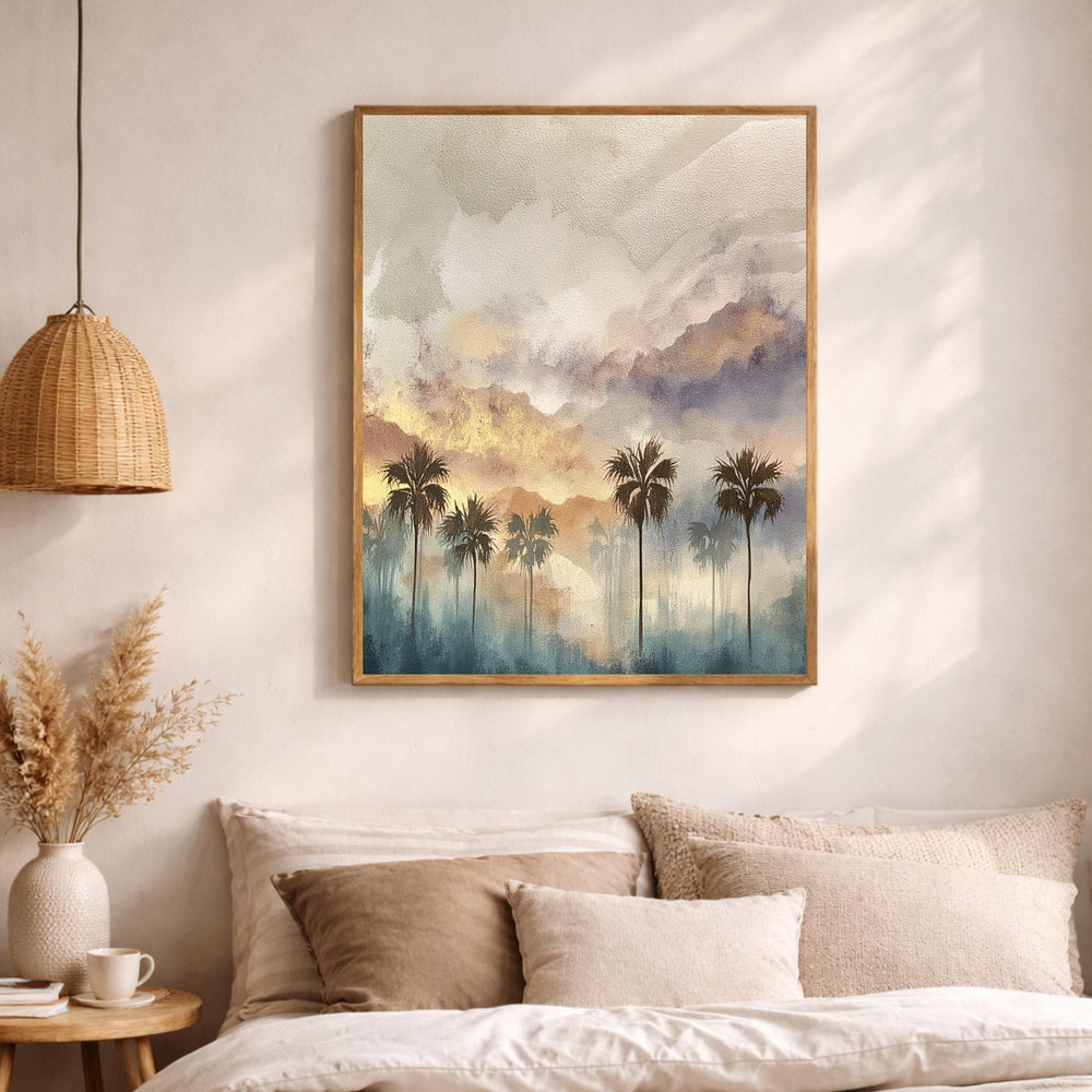 Palm Tree Wall Art, Tropical Sunset Print, Coastal Landscape Artwork, Boho Beach Framed Canvas, Neutral Warm Decor for Living Room