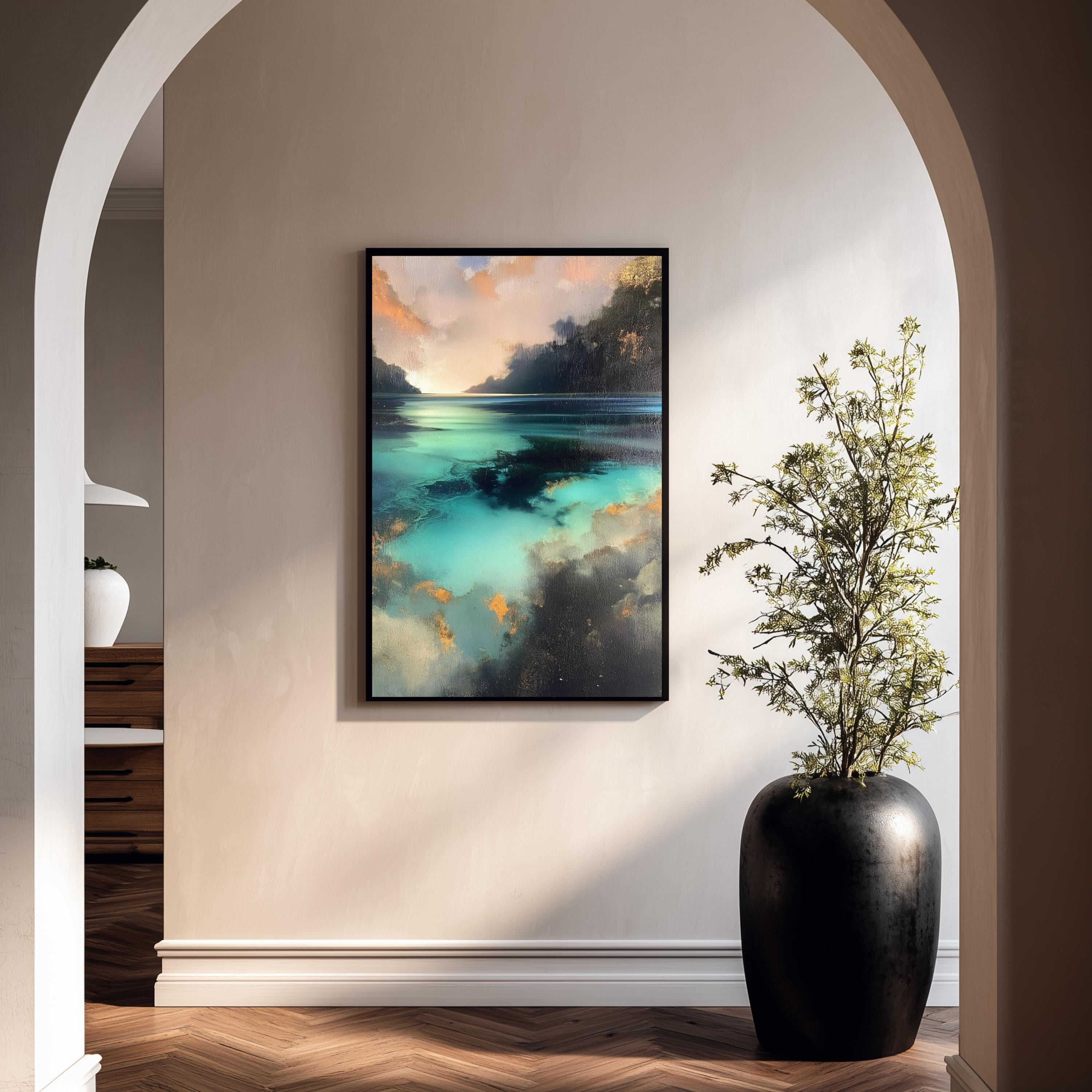 Turquoise Lagoon Wall Art, Abstract Coastal Artwork, Teal Water Framed Canvas, Moody Ocean Print, Statement Decor for Living Room