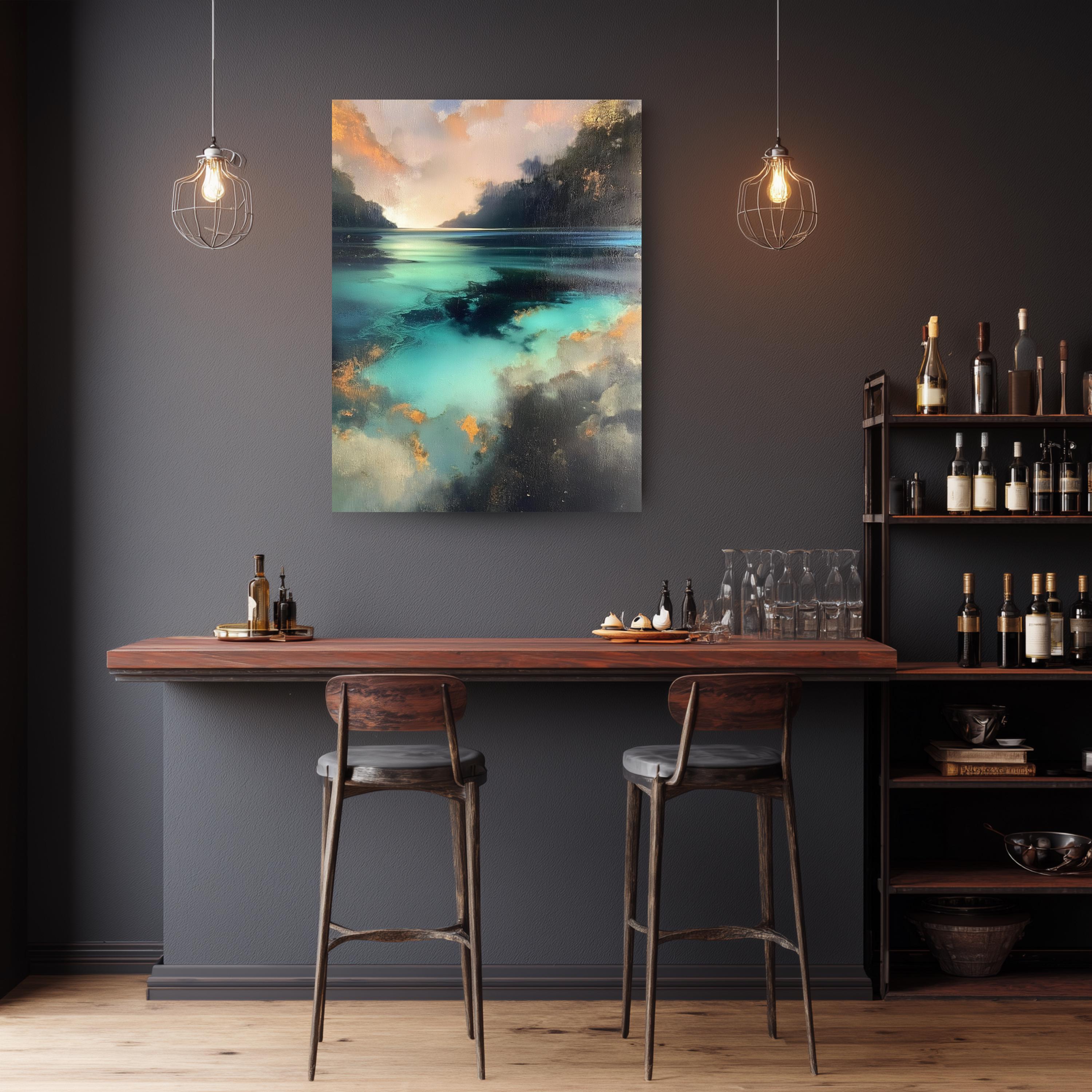 Turquoise Lagoon Wall Art, Abstract Coastal Artwork, Teal Water Framed Canvas, Moody Ocean Print, Statement Decor for Living Room