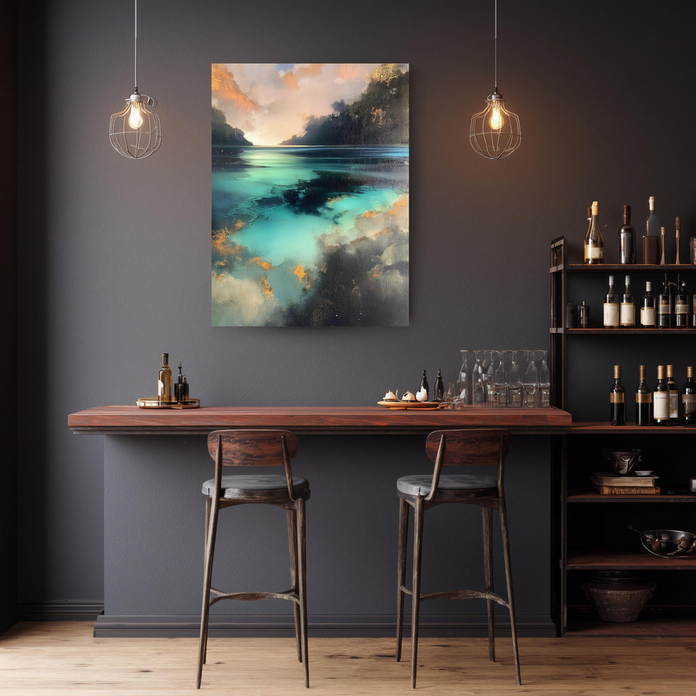 Turquoise Lagoon Wall Art, Abstract Coastal Artwork, Teal Water Framed Canvas, Moody Ocean Print, Statement Decor for Living Room