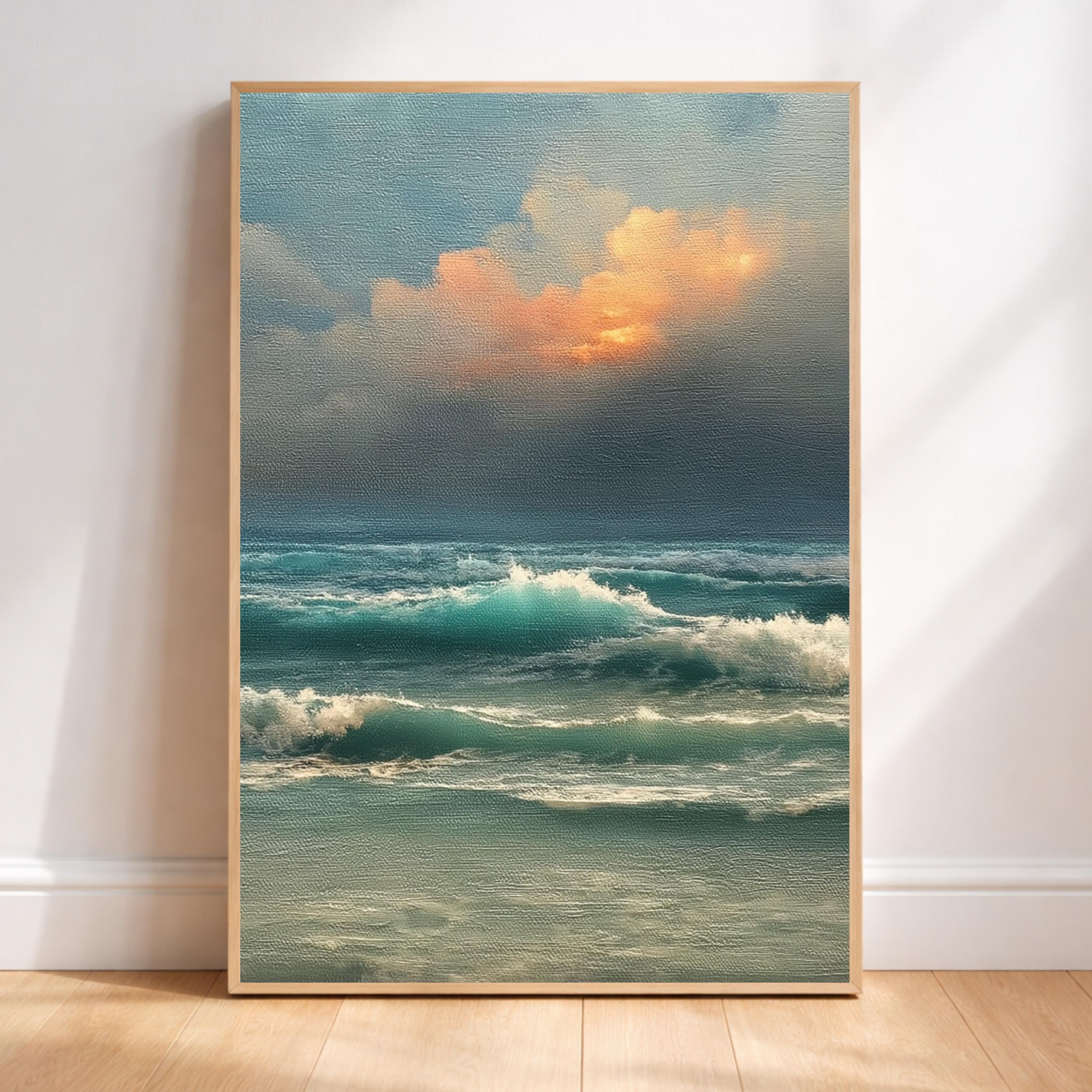 Ocean Waves Wall Art, Moody Seascape Print, Dramatic Ocean Artwork, Coastal Sunset Framed Canvas, Beach House Decor
