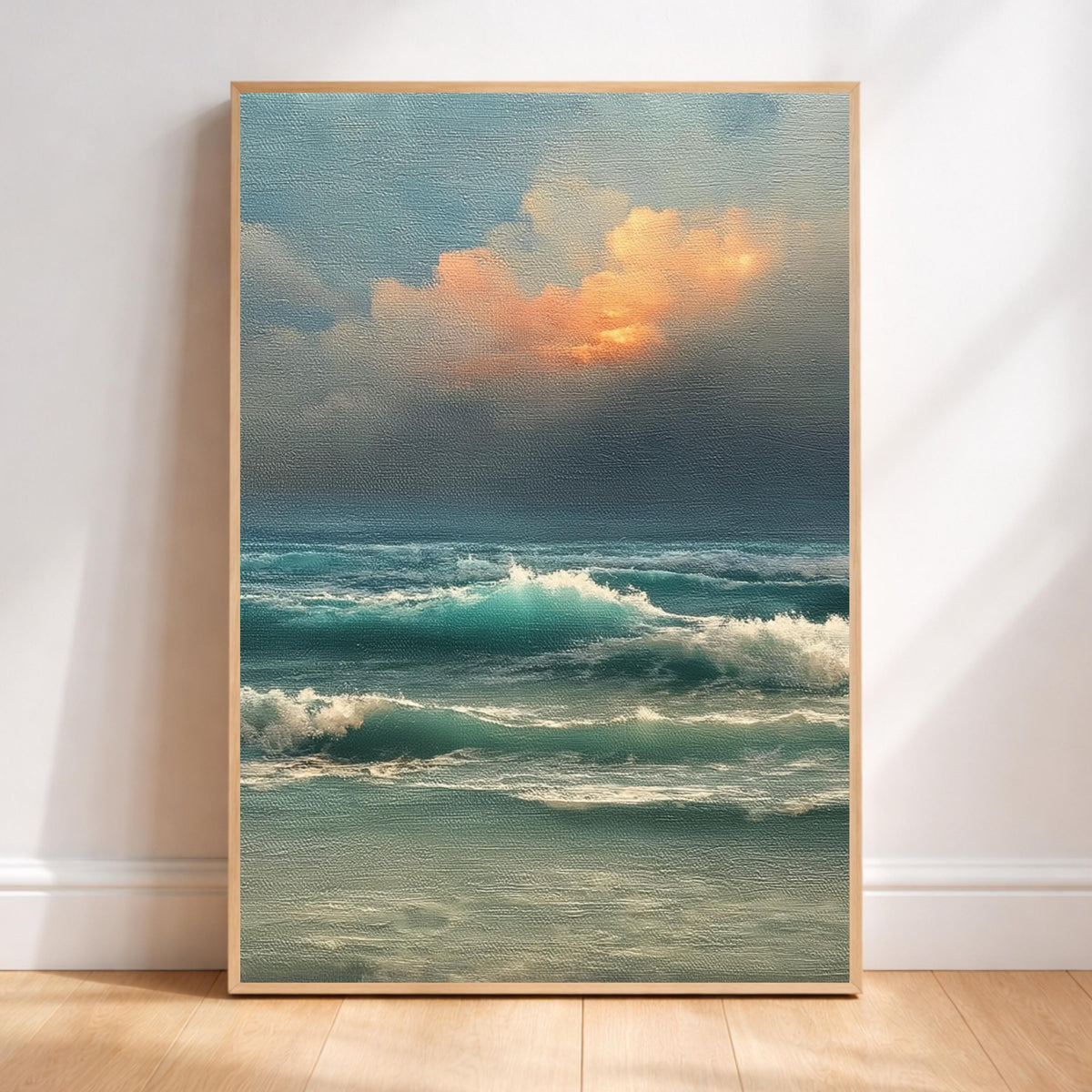 Ocean Waves Wall Art, Moody Seascape Print, Dramatic Ocean Artwork, Coastal Sunset Framed Canvas, Beach House Decor