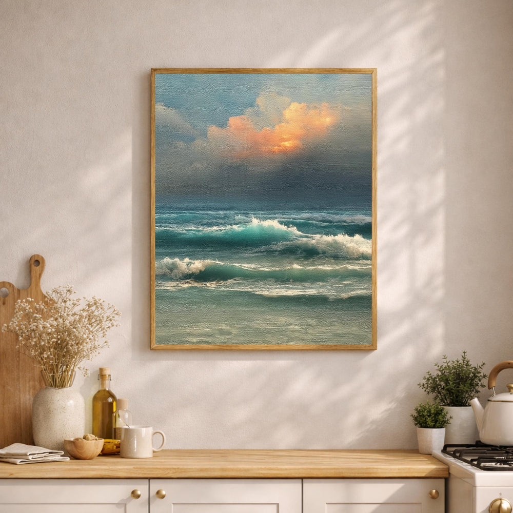 Ocean Waves Wall Art, Moody Seascape Print, Dramatic Ocean Artwork, Coastal Sunset Framed Canvas, Beach House Decor