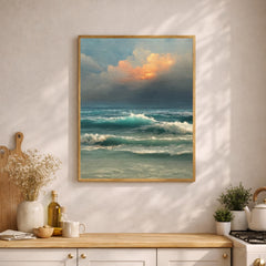 Ocean Waves Wall Art, Moody Seascape Print, Dramatic Ocean Artwork, Coastal Sunset Framed Canvas, Beach House Decor