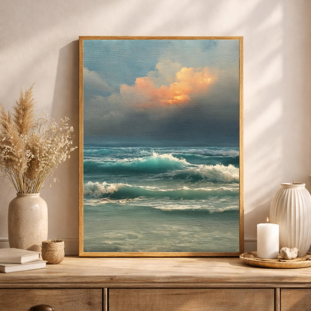 Ocean Waves Wall Art, Moody Seascape Print, Dramatic Ocean Artwork, Coastal Sunset Framed Canvas, Beach House Decor
