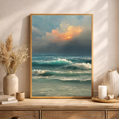 Ocean Waves Wall Art, Moody Seascape Print, Dramatic Ocean Artwork, Coastal Sunset Framed Canvas, Beach House Decor
