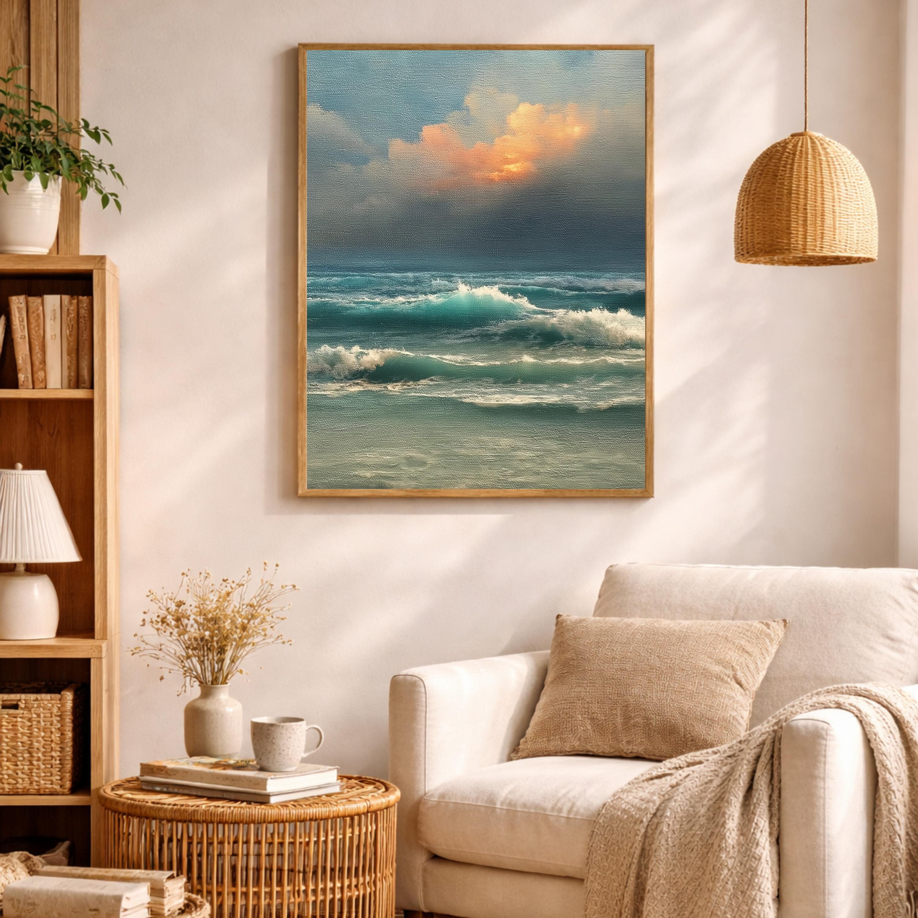 Ocean Waves Wall Art, Moody Seascape Print, Dramatic Ocean Artwork, Coastal Sunset Framed Canvas, Beach House Decor