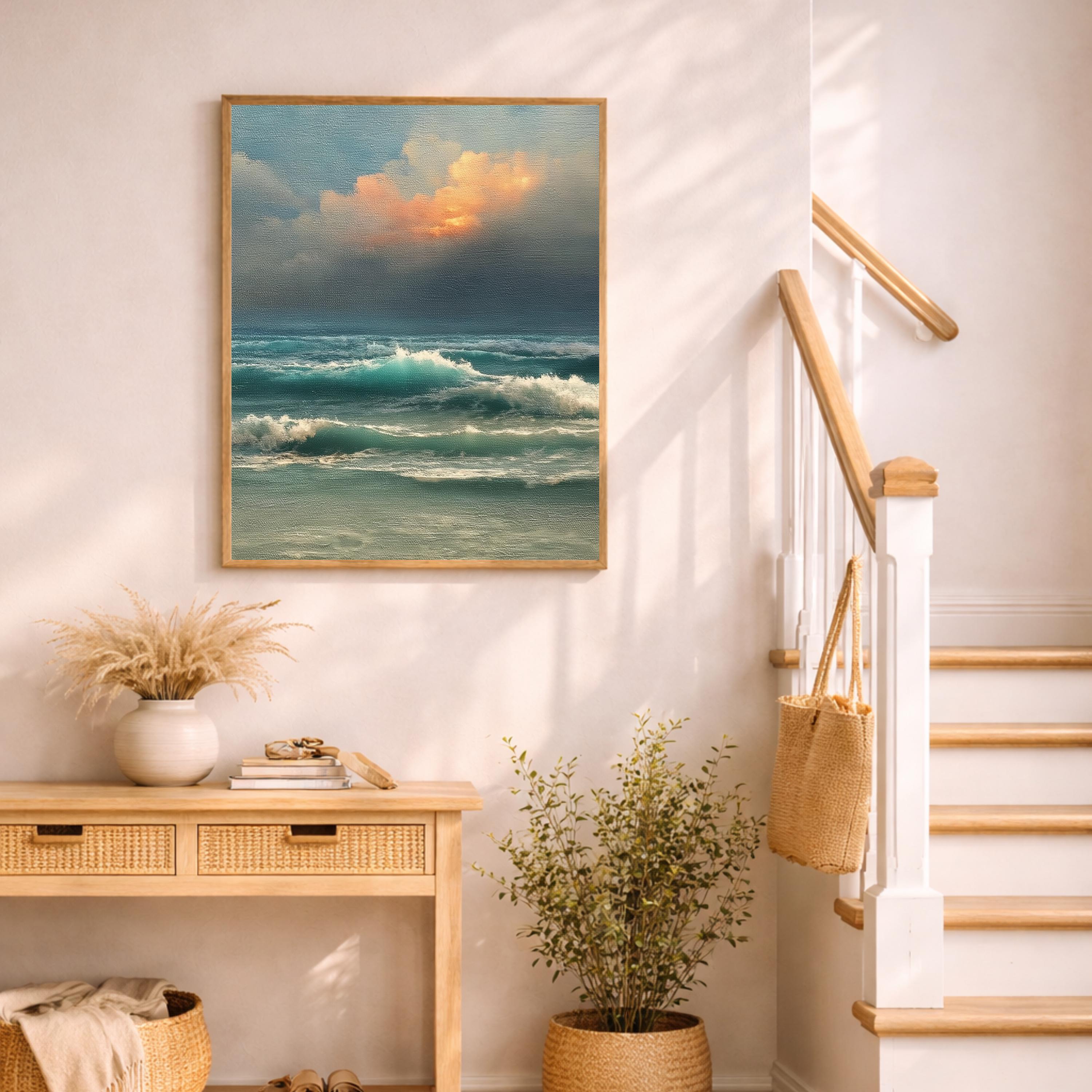 Ocean Waves Wall Art, Moody Seascape Print, Dramatic Ocean Artwork, Coastal Sunset Framed Canvas, Beach House Decor