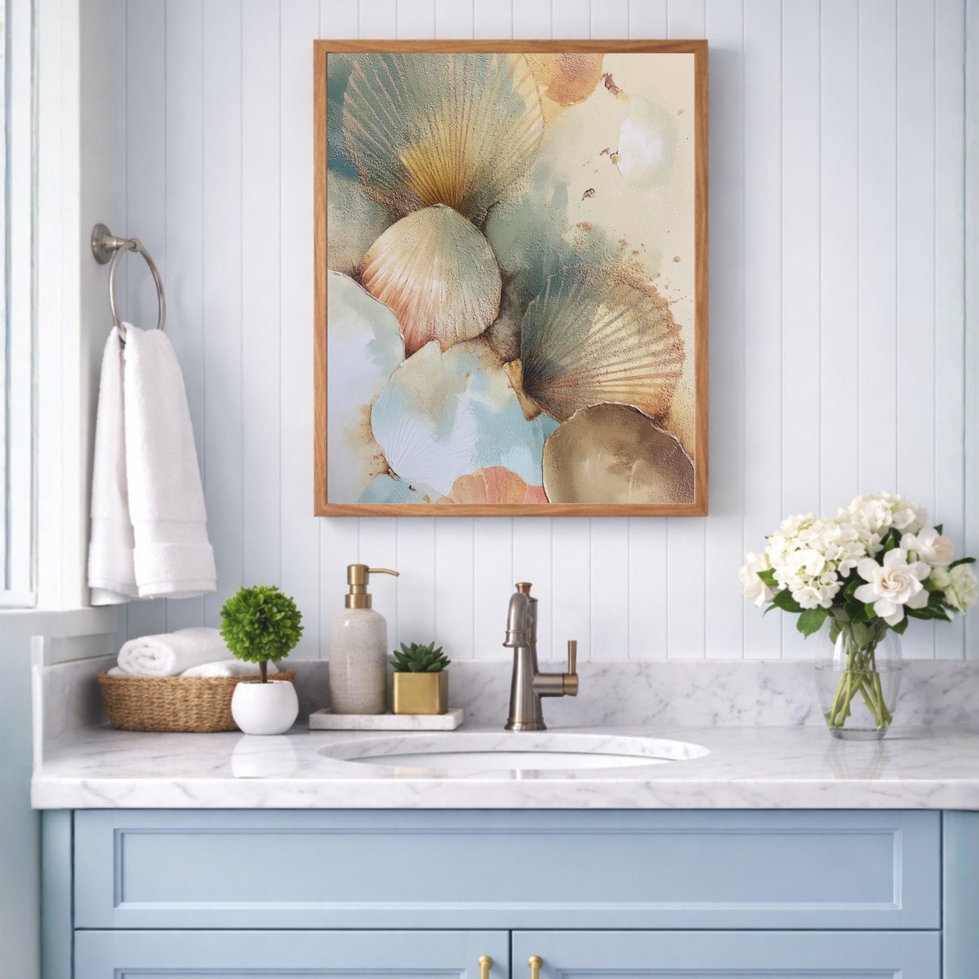 Seashell Wall Art, Coastal Neutral Abstract Framed Canvas, Soft Beach Shell Print, Ocean Inspired Decor, Minimalist Coastal Artwork