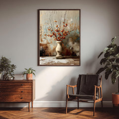 Rustic Vase Wall Art, Berry Branch Still Life Artwork, Farmhouse Decor, Vintage Botanical Print, Neutral Kitchen Framed Canvas