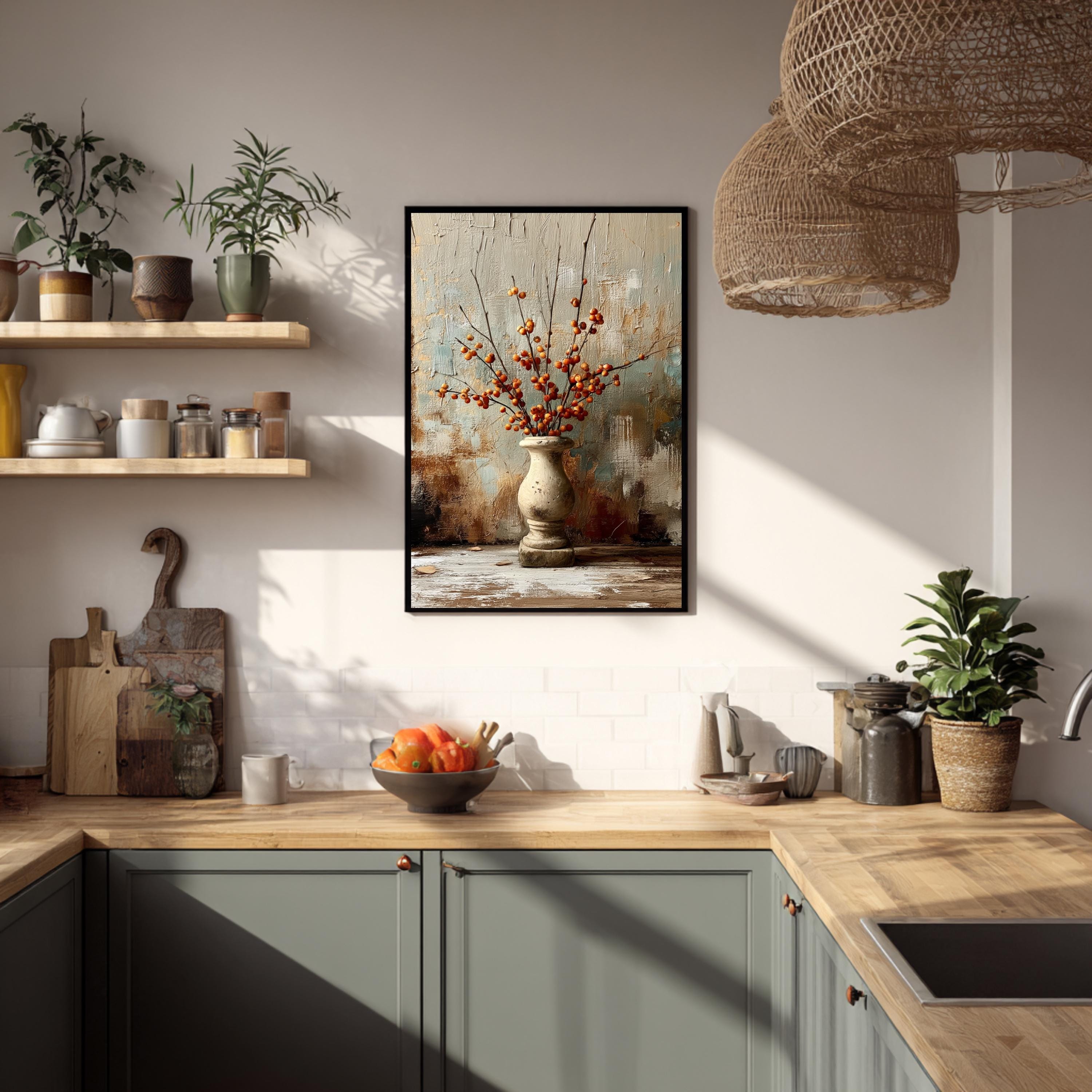 Rustic Vase Wall Art, Berry Branch Still Life Artwork, Farmhouse Decor, Vintage Botanical Print, Neutral Kitchen Framed Canvas