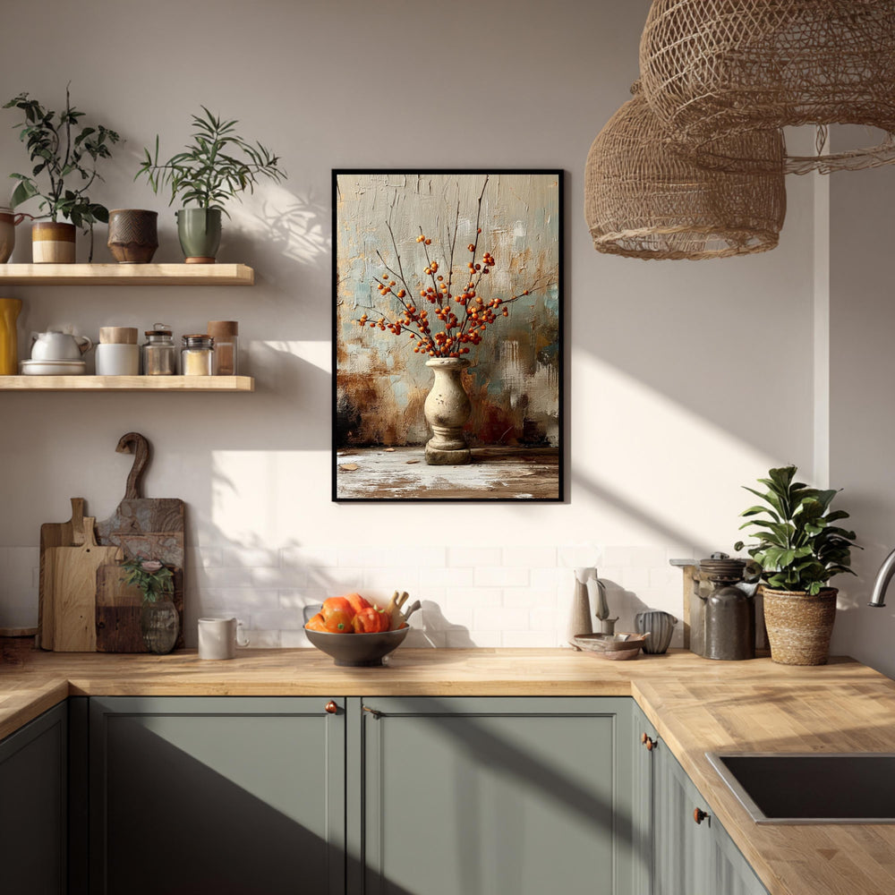 Rustic Vase Wall Art, Berry Branch Still Life Artwork, Farmhouse Decor, Vintage Botanical Print, Neutral Kitchen Framed Canvas