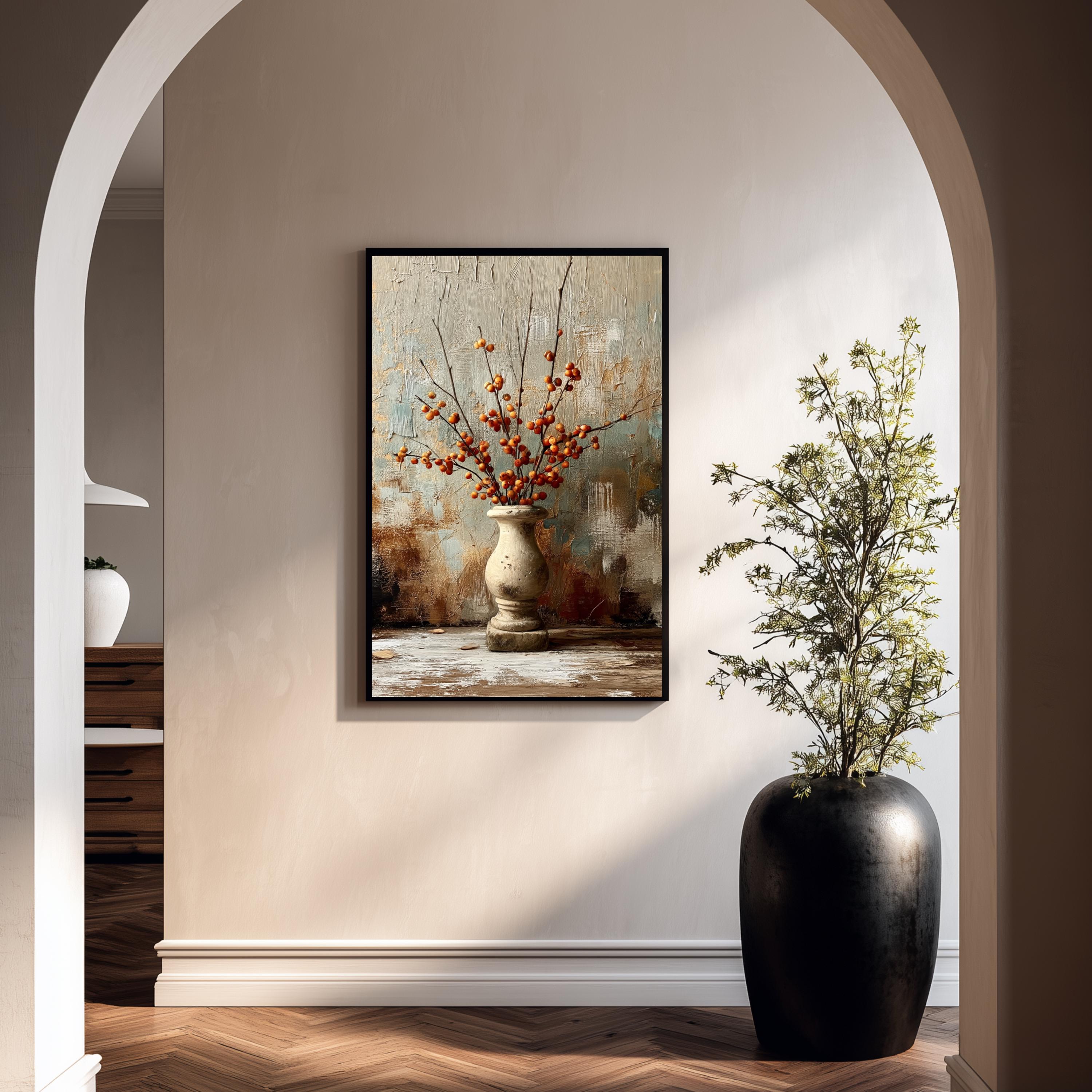 Rustic Vase Wall Art, Berry Branch Still Life Artwork, Farmhouse Decor, Vintage Botanical Print, Neutral Kitchen Framed Canvas