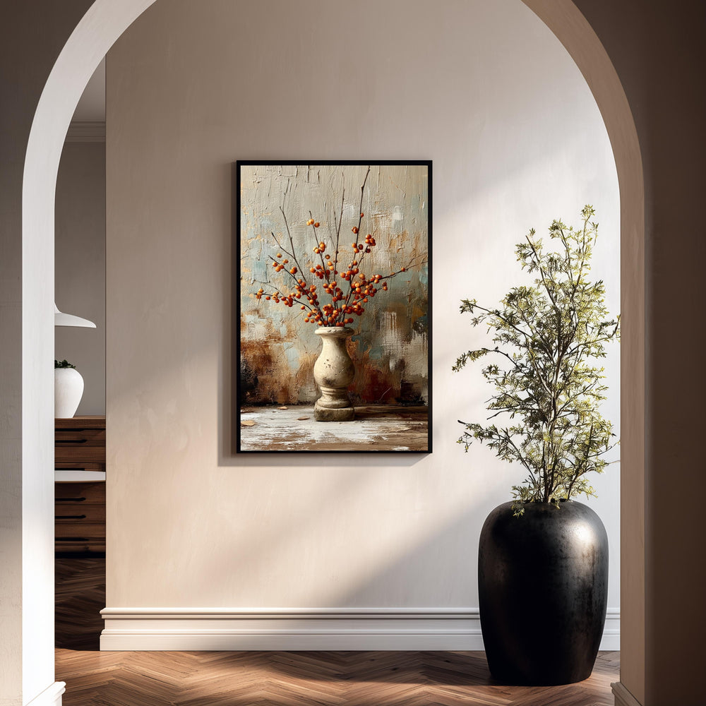Rustic Vase Wall Art, Berry Branch Still Life Artwork, Farmhouse Decor, Vintage Botanical Print, Neutral Kitchen Framed Canvas