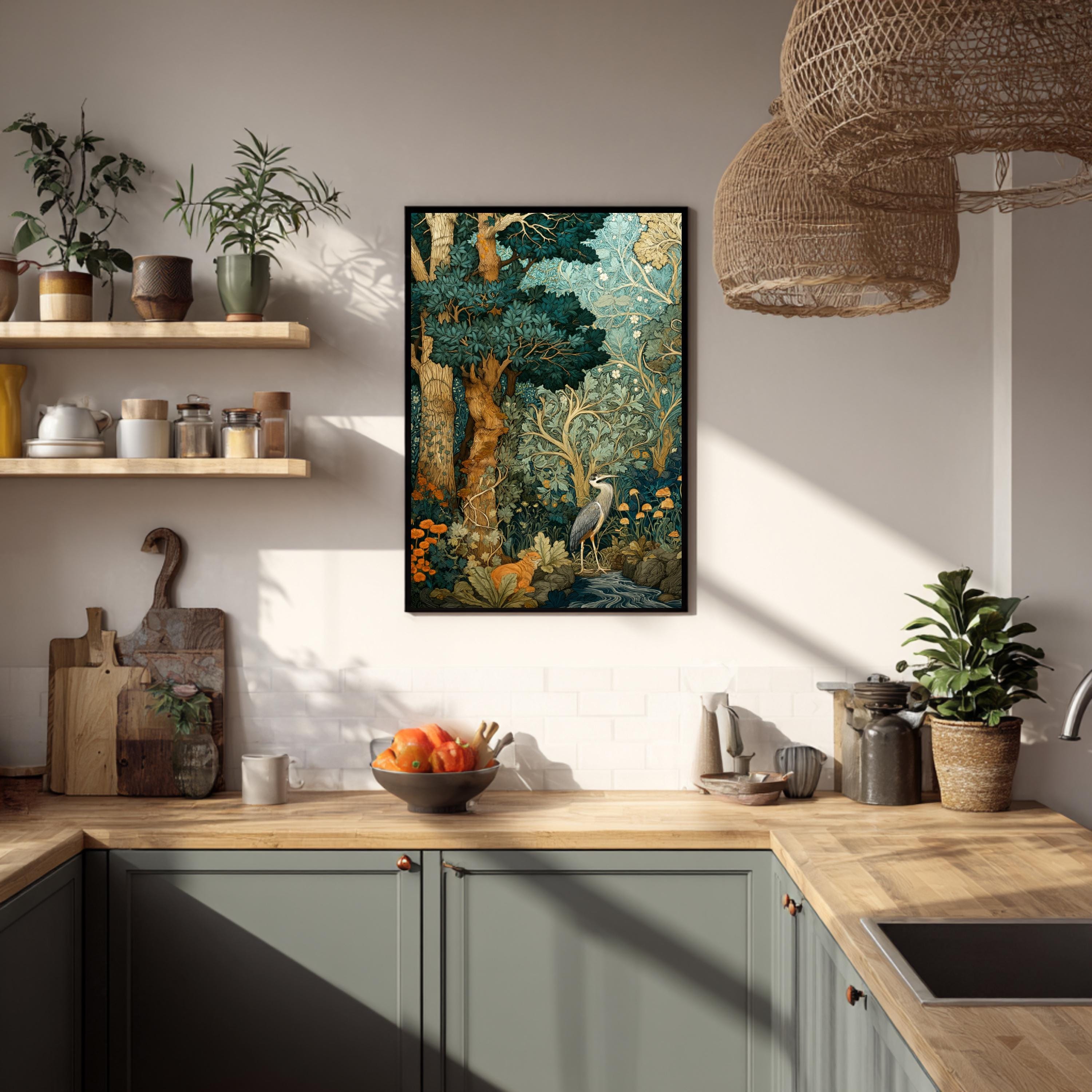 Woodland Heron Wall Art, Botanical Forest Print, Nature Illustration Decor, Vintage Style Bird Artwork, Green Forest Framed Canvas