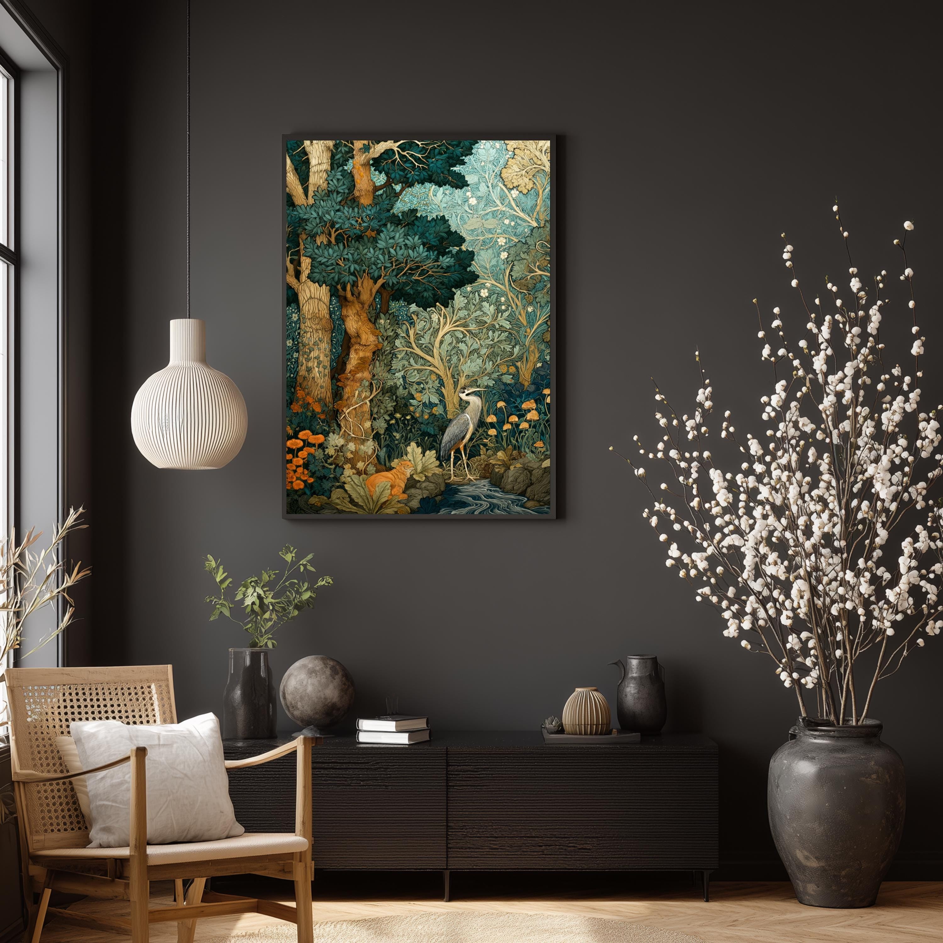 Woodland Heron Wall Art, Botanical Forest Print, Nature Illustration Decor, Vintage Style Bird Artwork, Green Forest Framed Canvas