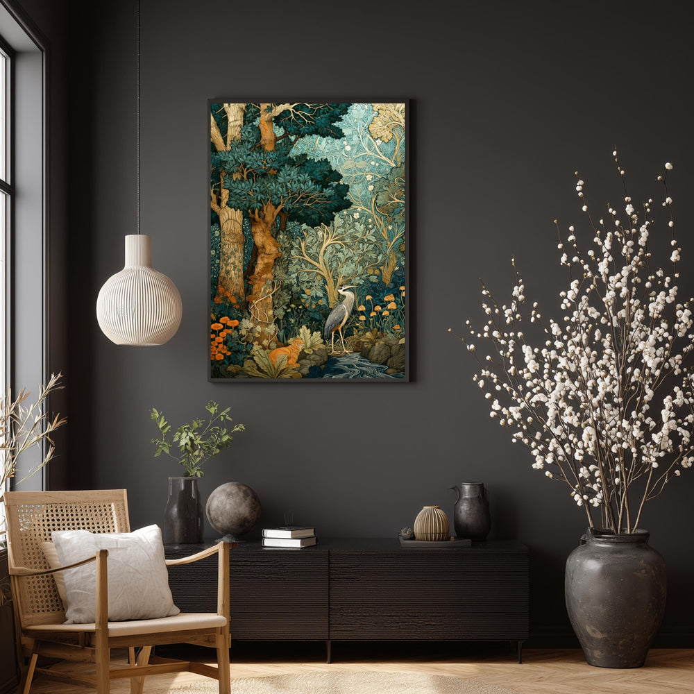 Woodland Heron Wall Art, Botanical Forest Print, Nature Illustration Decor, Vintage Style Bird Artwork, Green Forest Framed Canvas