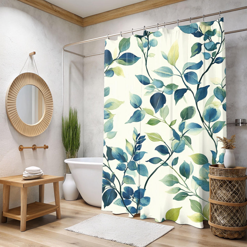 Blue Green Leaf Shower Curtain, Botanical Bathroom Decor, Coastal Nature Bath Curtain, Modern Plant Bathroom