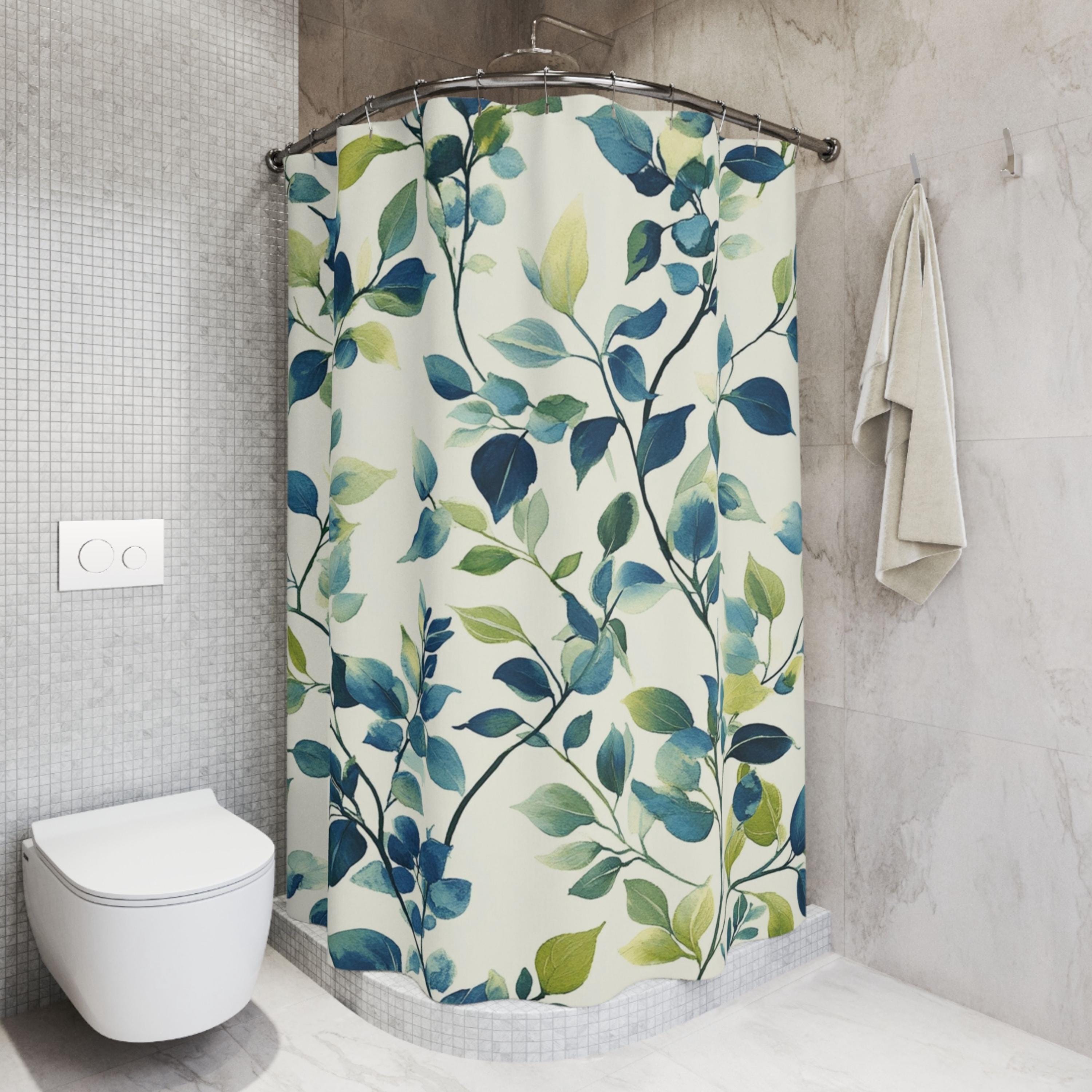 Blue Green Leaf Shower Curtain, Botanical Bathroom Decor, Coastal Nature Bath Curtain, Modern Plant Bathroom