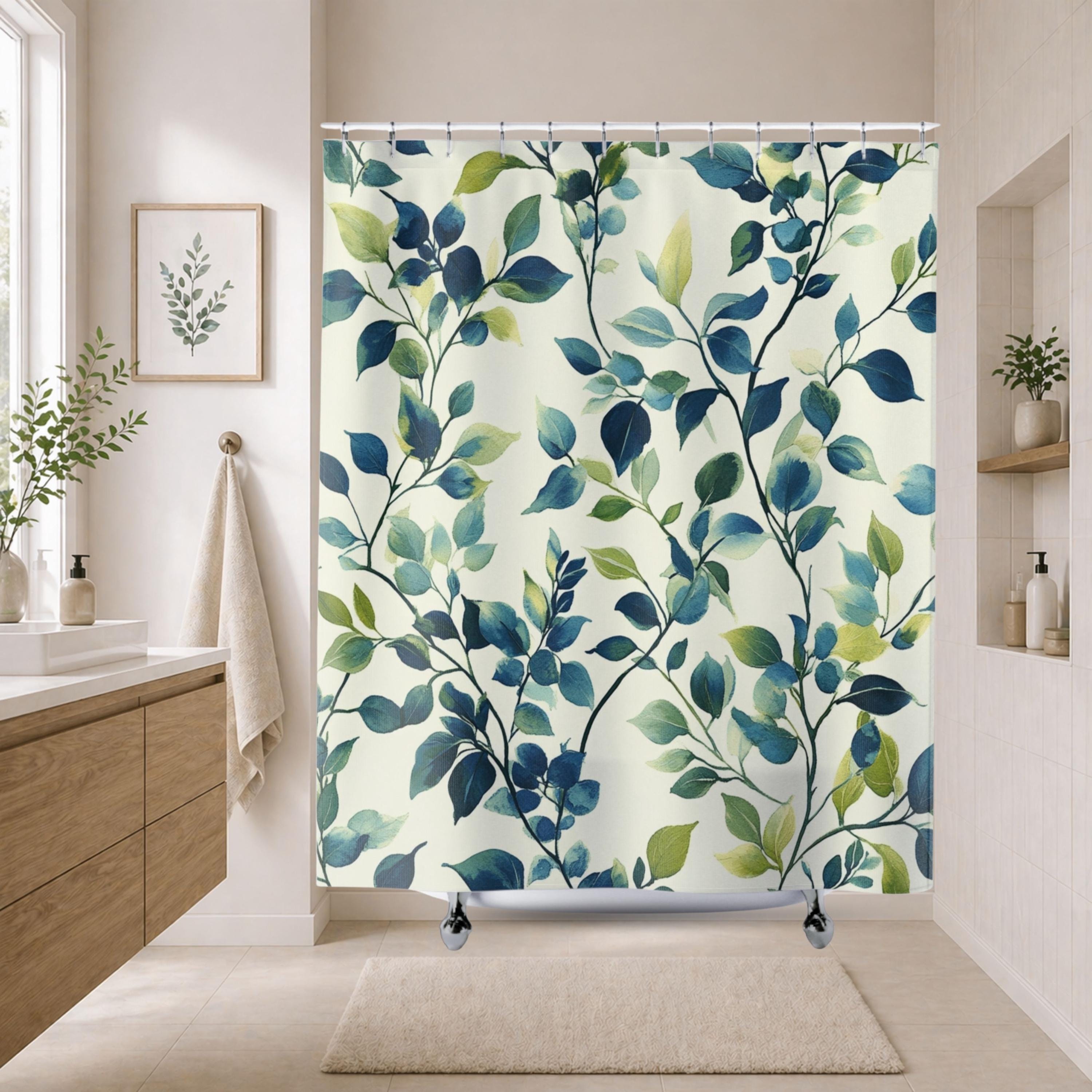 Blue Green Leaf Shower Curtain, Botanical Bathroom Decor, Coastal Nature Bath Curtain, Modern Plant Bathroom