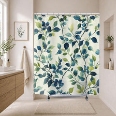 Blue Green Leaf Shower Curtain, Botanical Bathroom Decor, Coastal Nature Bath Curtain, Modern Plant Bathroom