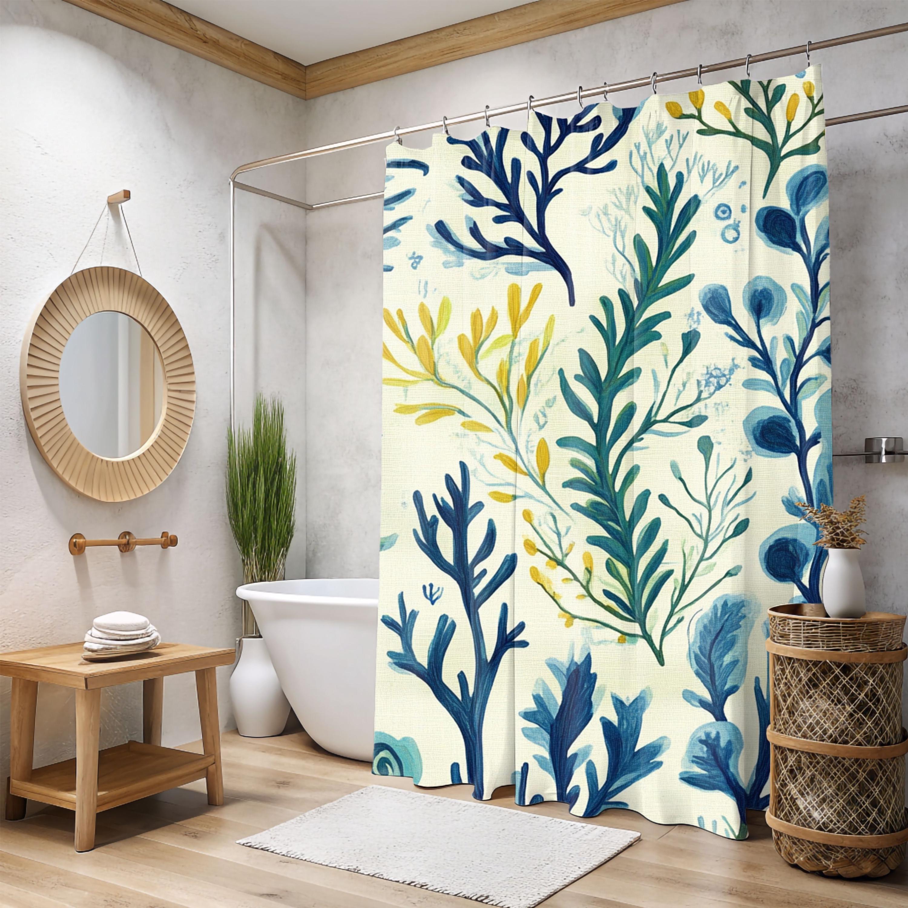 Seaweed Shower Curtain, Coastal Botanical Bathroom Decor, Ocean Plant Bath Curtain, Nautical Bathroom Style