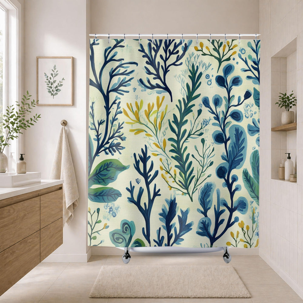 Seaweed Shower Curtain, Coastal Botanical Bathroom Decor, Ocean Plant Bath Curtain, Nautical Bathroom Style