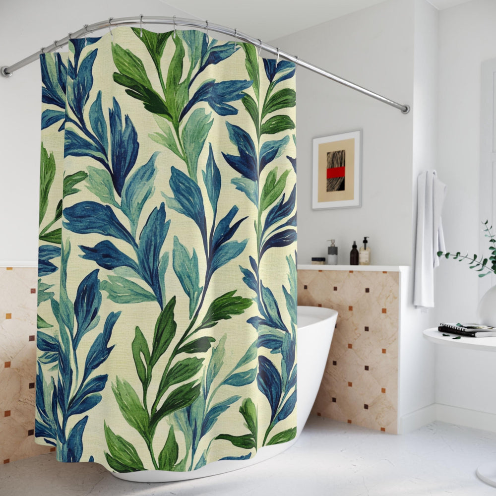 Botanical Leaf Shower Curtain, Blue Green Bathroom Decor, Nature Inspired Bath Curtain, Modern Coastal Bathroom