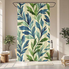 Botanical Leaf Shower Curtain, Blue Green Bathroom Decor, Nature Inspired Bath Curtain, Modern Coastal Bathroom