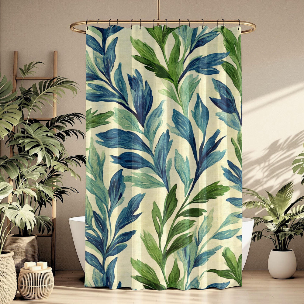 Botanical Leaf Shower Curtain, Blue Green Bathroom Decor, Nature Inspired Bath Curtain, Modern Coastal Bathroom