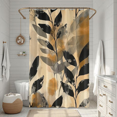 Neutral Botanical Shower Curtain, Abstract Leaf Bathroom Decor, Beige Black Modern Bath Curtain, Minimalist Nature Bathroom