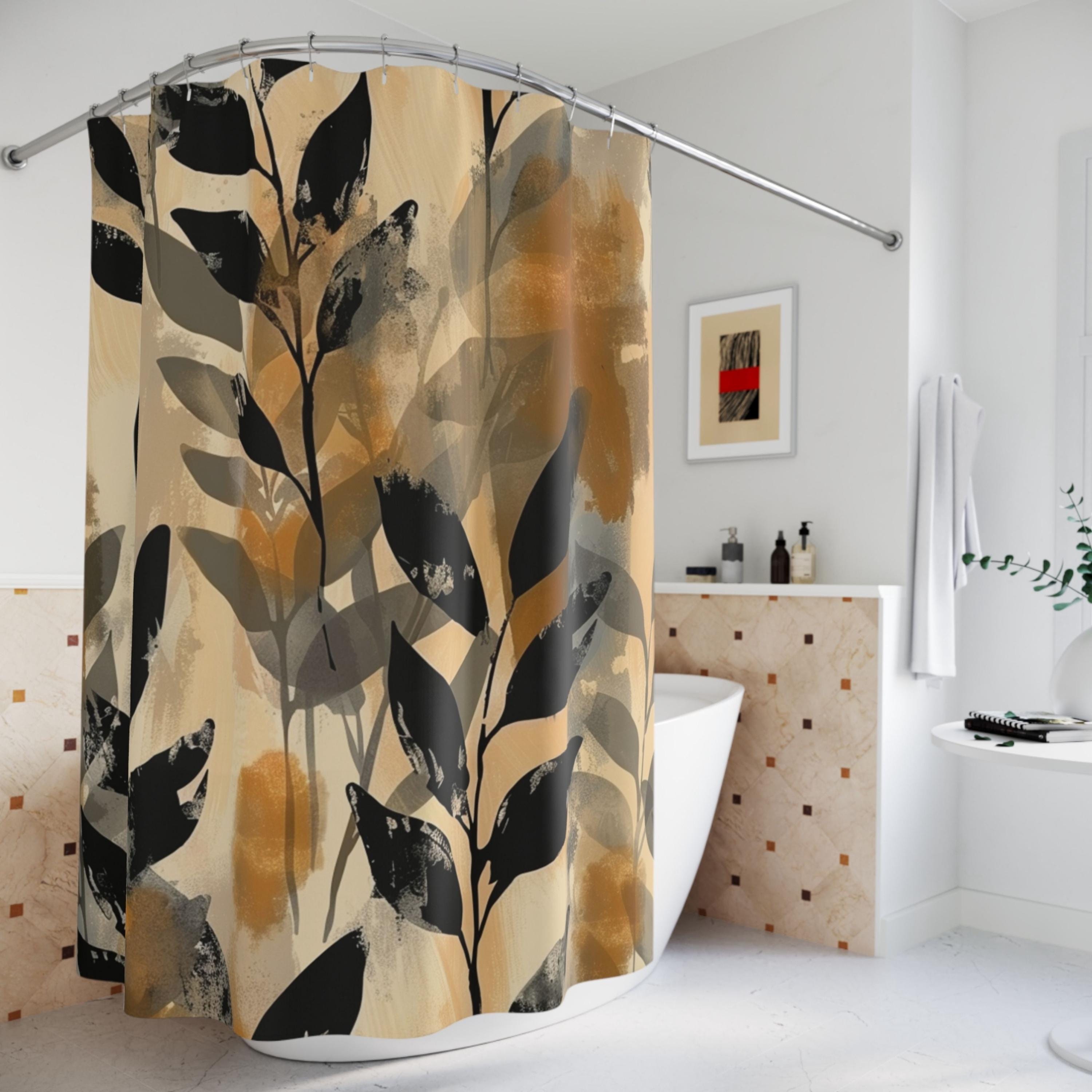 Neutral Botanical Shower Curtain, Abstract Leaf Bathroom Decor, Beige Black Modern Bath Curtain, Minimalist Nature Bathroom