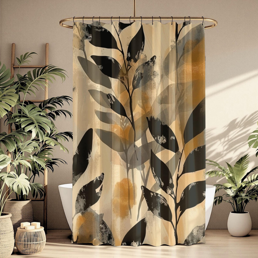 Neutral Botanical Shower Curtain, Abstract Leaf Bathroom Decor, Beige Black Modern Bath Curtain, Minimalist Nature Bathroom