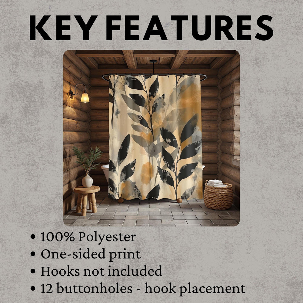 Neutral Botanical Shower Curtain, Abstract Leaf Bathroom Decor, Beige Black Modern Bath Curtain, Minimalist Nature Bathroom