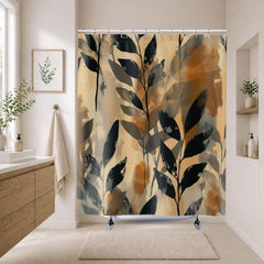 Neutral Botanical Shower Curtain, Abstract Leaf Bathroom Decor, Beige Black Modern Bath Curtain, Minimalist Nature Bathroom