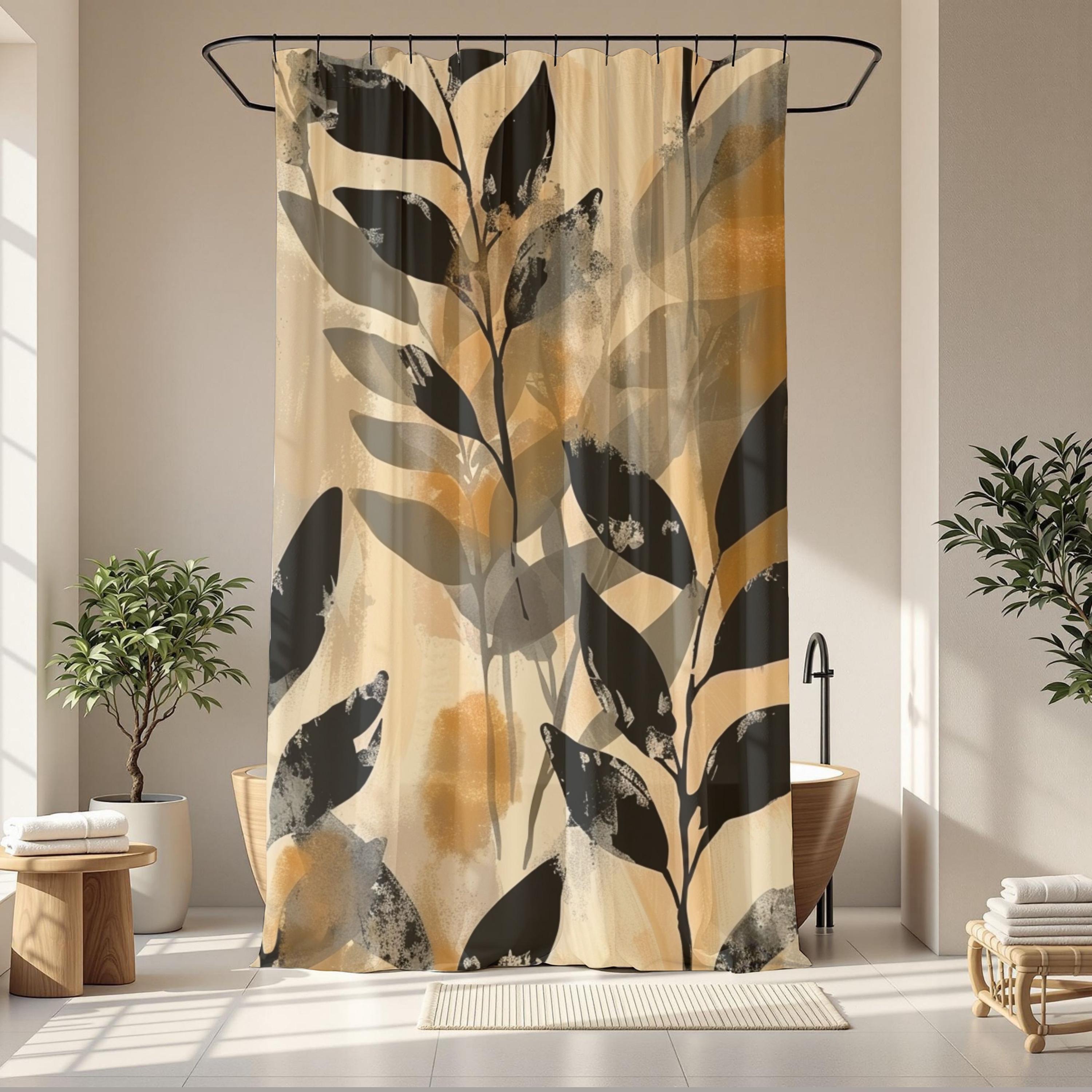 Neutral Botanical Shower Curtain, Abstract Leaf Bathroom Decor, Beige Black Modern Bath Curtain, Minimalist Nature Bathroom