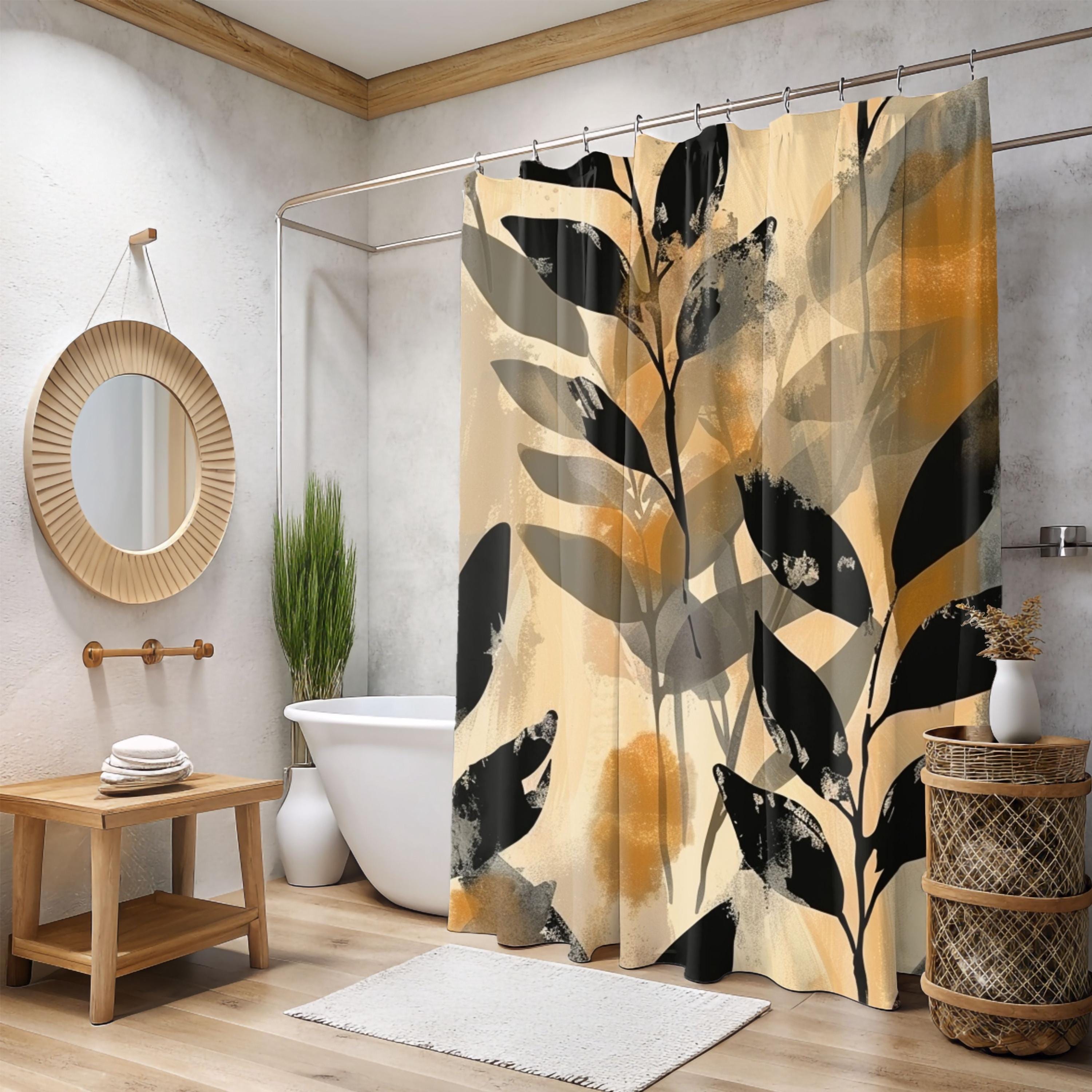 Neutral Botanical Shower Curtain, Abstract Leaf Bathroom Decor, Beige Black Modern Bath Curtain, Minimalist Nature Bathroom