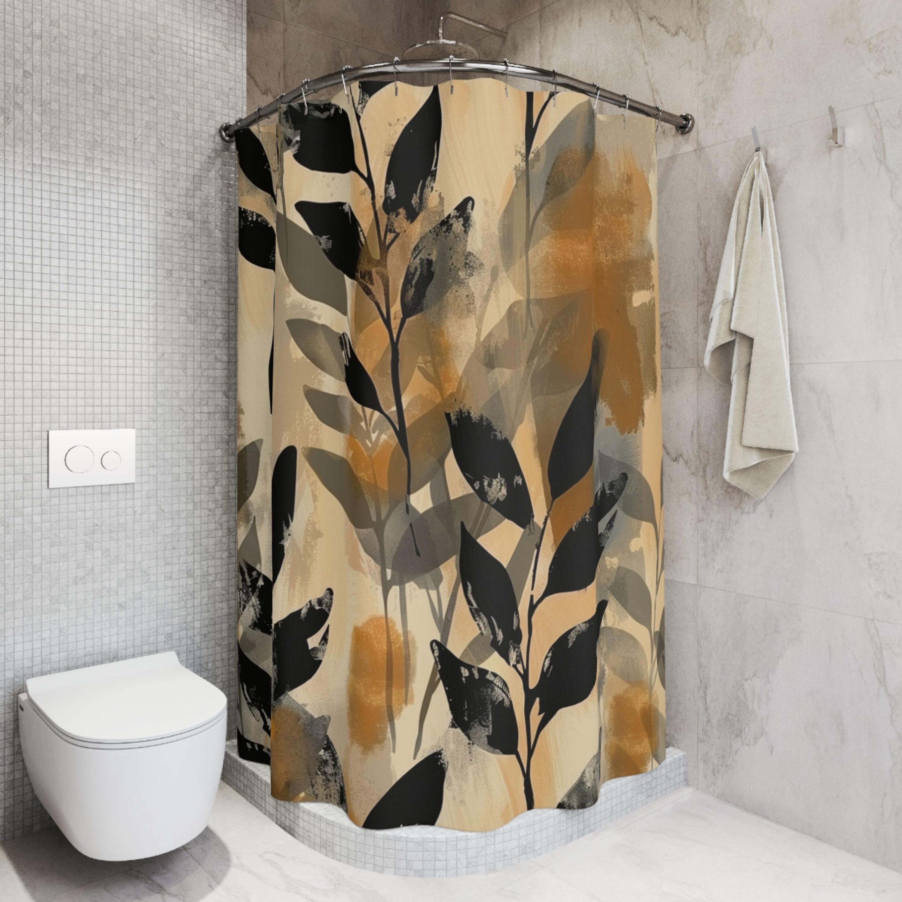 Neutral Botanical Shower Curtain, Abstract Leaf Bathroom Decor, Beige Black Modern Bath Curtain, Minimalist Nature Bathroom