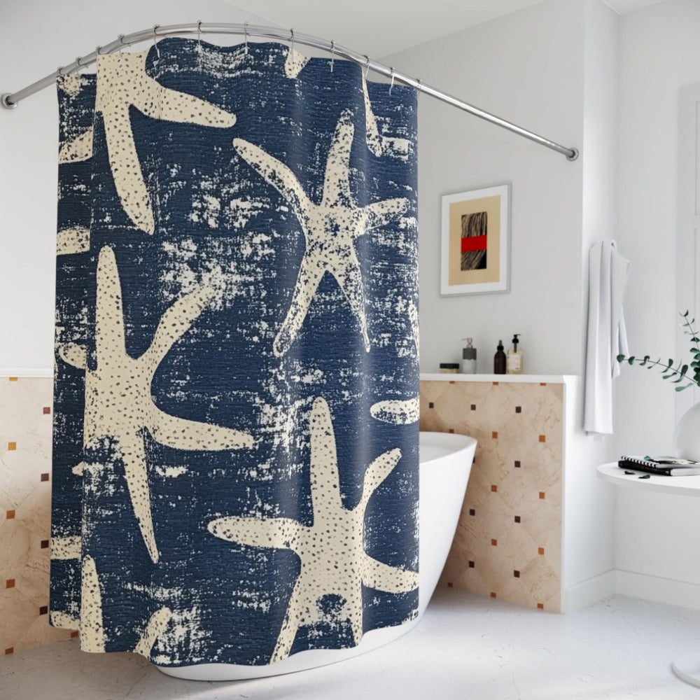 Starfish Shower Curtain, Coastal Bathroom Decor, Navy Blue Beach Bath Curtain, Nautical Ocean Style