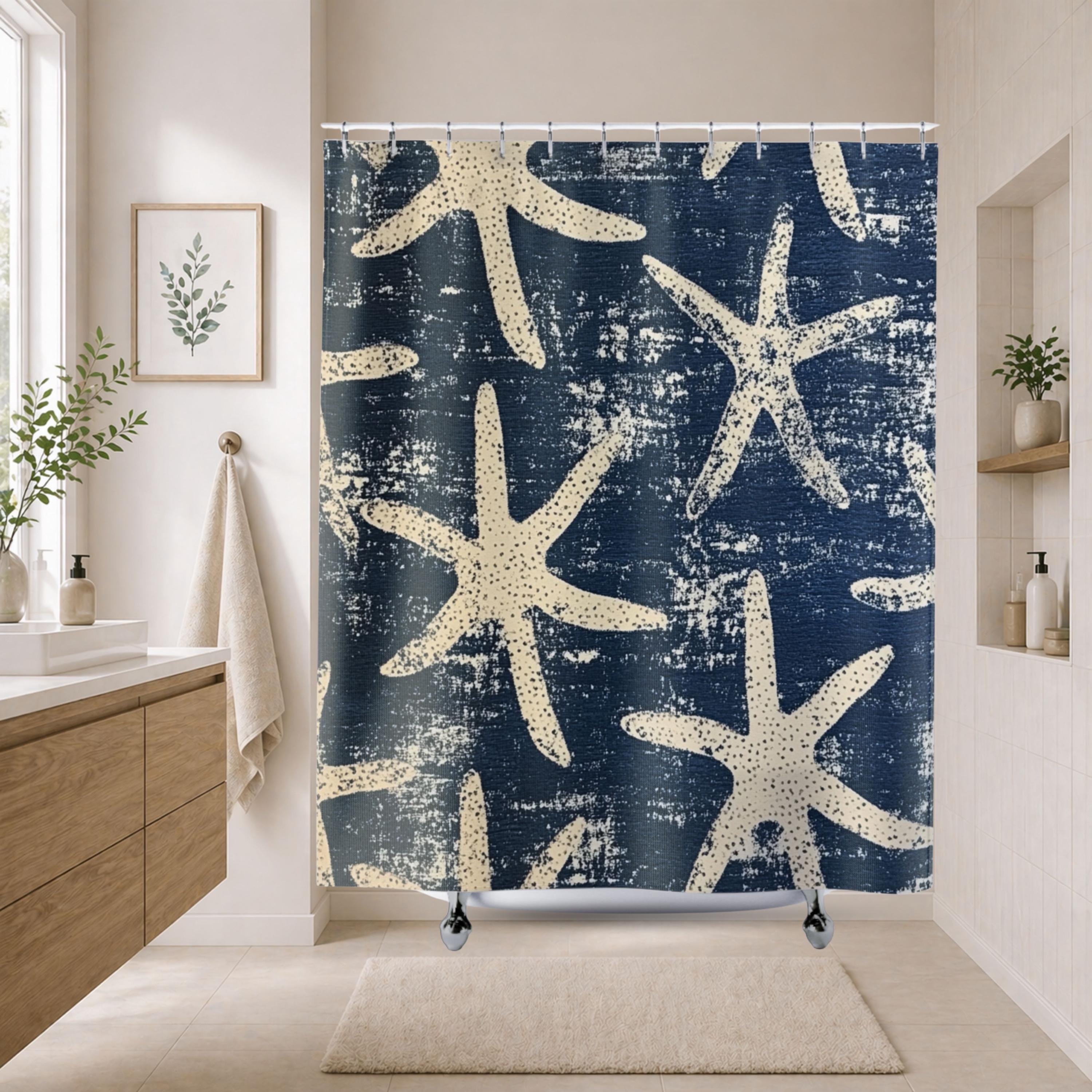 Starfish Shower Curtain, Coastal Bathroom Decor, Navy Blue Beach Bath Curtain, Nautical Ocean Style