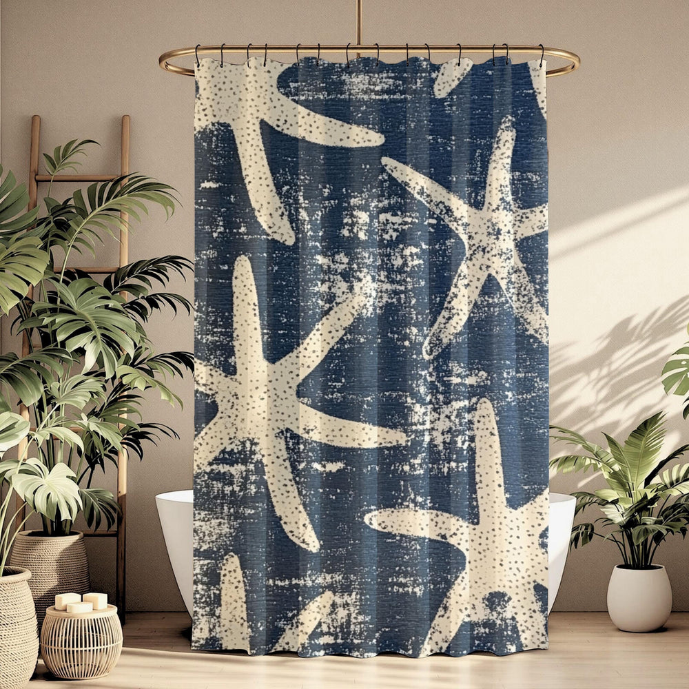 Starfish Shower Curtain, Coastal Bathroom Decor, Navy Blue Beach Bath Curtain, Nautical Ocean Style