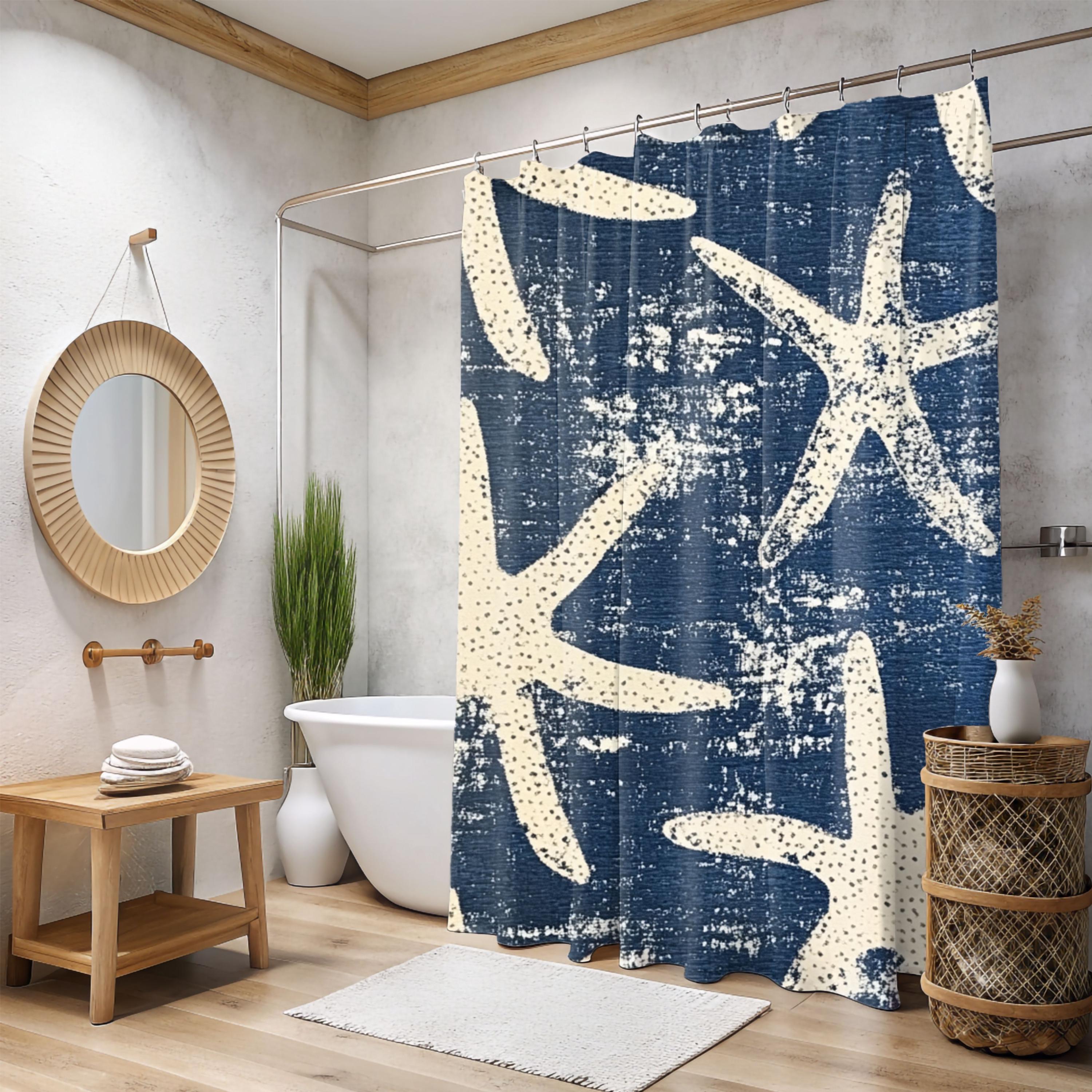 Starfish Shower Curtain, Coastal Bathroom Decor, Navy Blue Beach Bath Curtain, Nautical Ocean Style